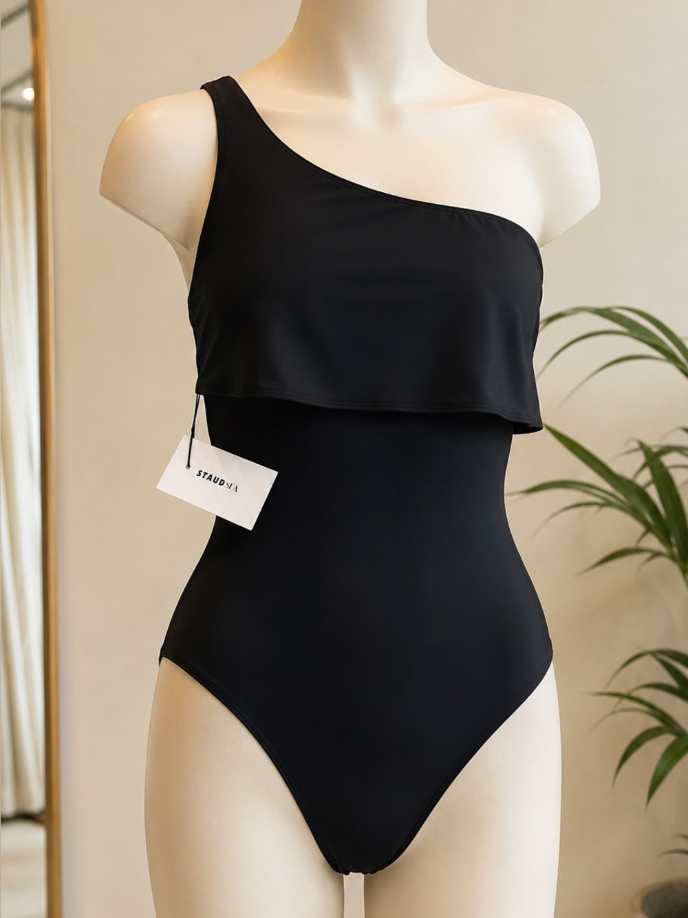 STAUD Lima Black One-Shoulder Swimsuit